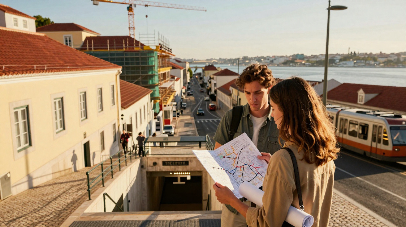 Casal jovem consulta um mapa junto a entrada de metropolitano, com autocarro e rio ao fundo numa cidade europeia.