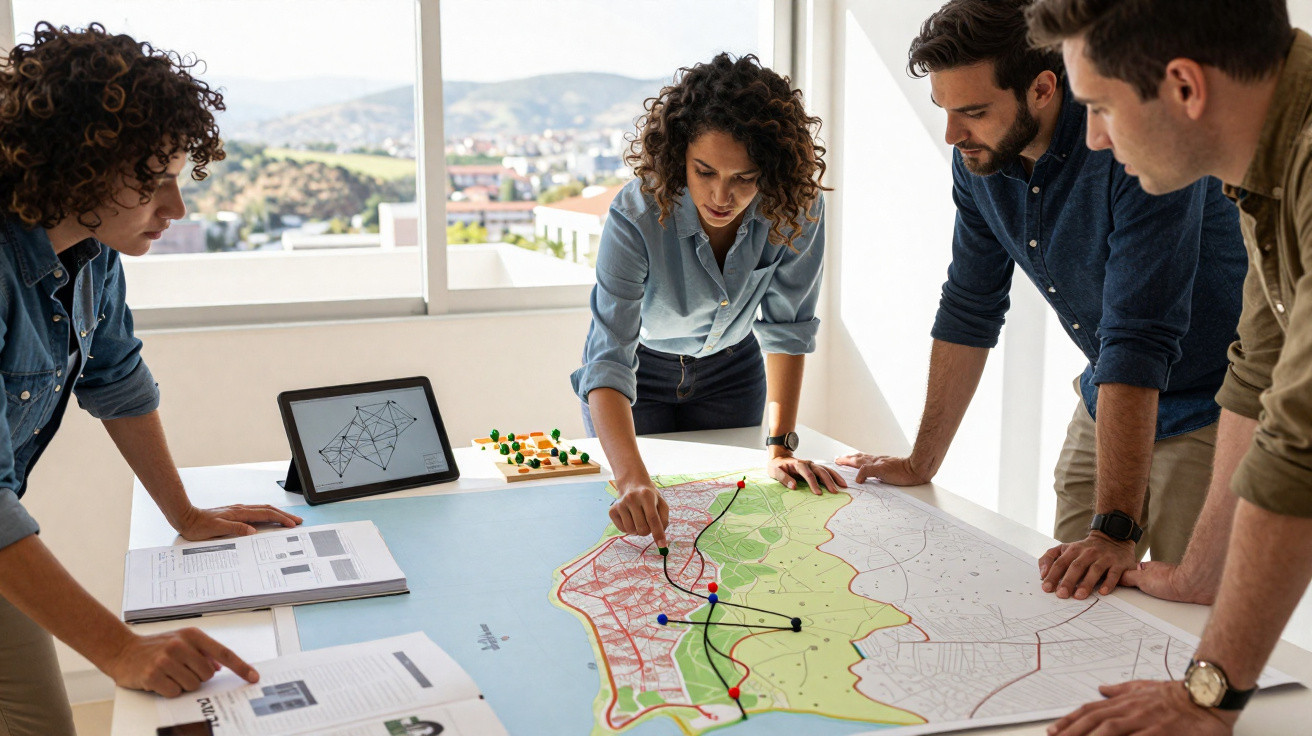 Quatro pessoas a analisar um mapa com gráficos numa sala iluminada e moderna.