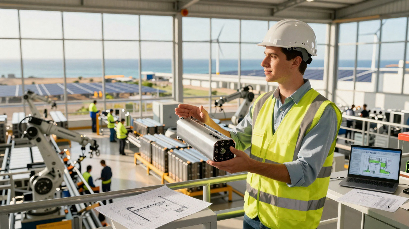 Engenheiro com capacete e colete reflete sobre peça em fábrica moderna com equipamentos e painéis solares externos.