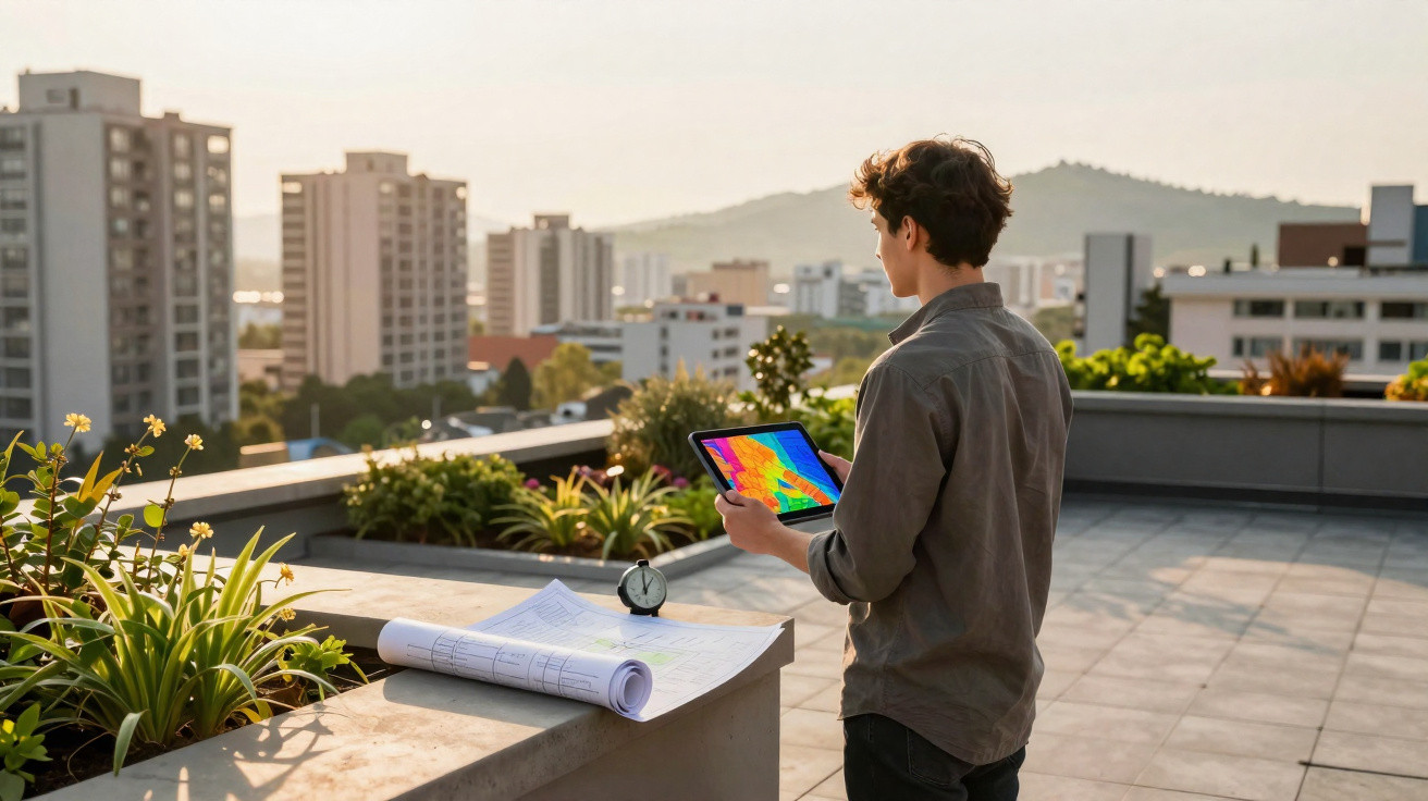 Jovem observa imagem térmica num tablet numa varanda com plantas, plantas e vista urbana ao pôr do sol.
