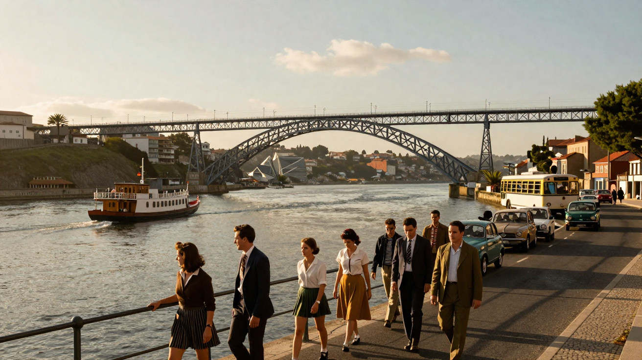 Grupo de pessoas vestidas vintage a caminhar junto ao rio com barcos e a ponte metálica ao fundo em Porto.