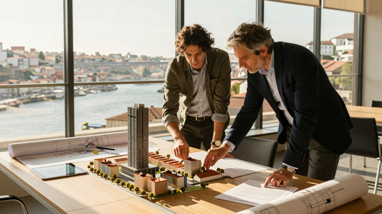 Dois arquitetos analisam maquete e plantas de projeto urbano numa sala com vista para rio e cidade.