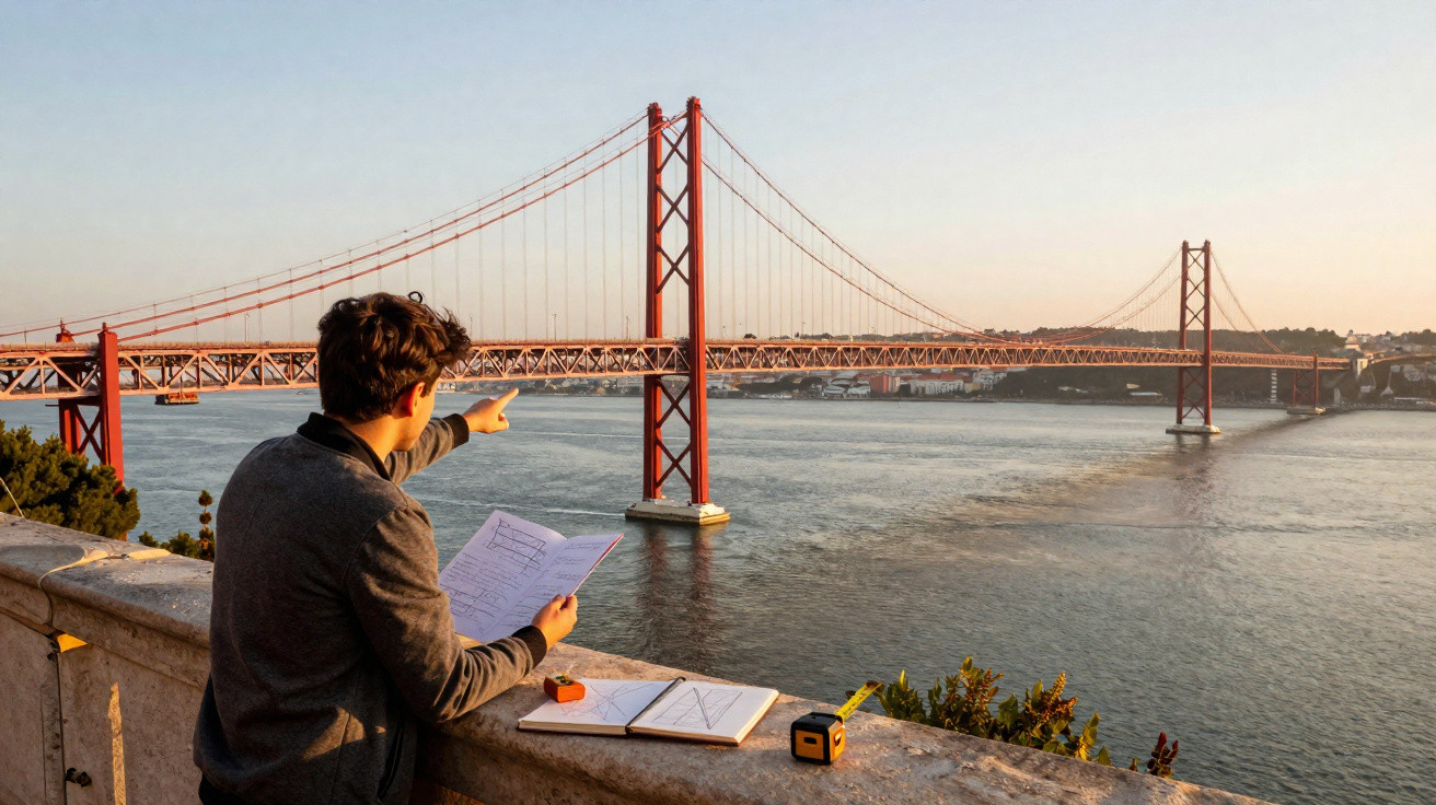 Homem observa e aponta para a ponte 25 de Abril sobre o rio Tejo ao pôr do sol em Lisboa.