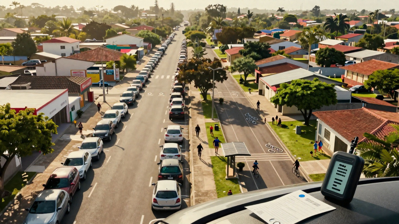 Rua urbana com carros estacionados, ciclistas em ciclovia e habitações com telhados vermelhos numa manhã ensolarada