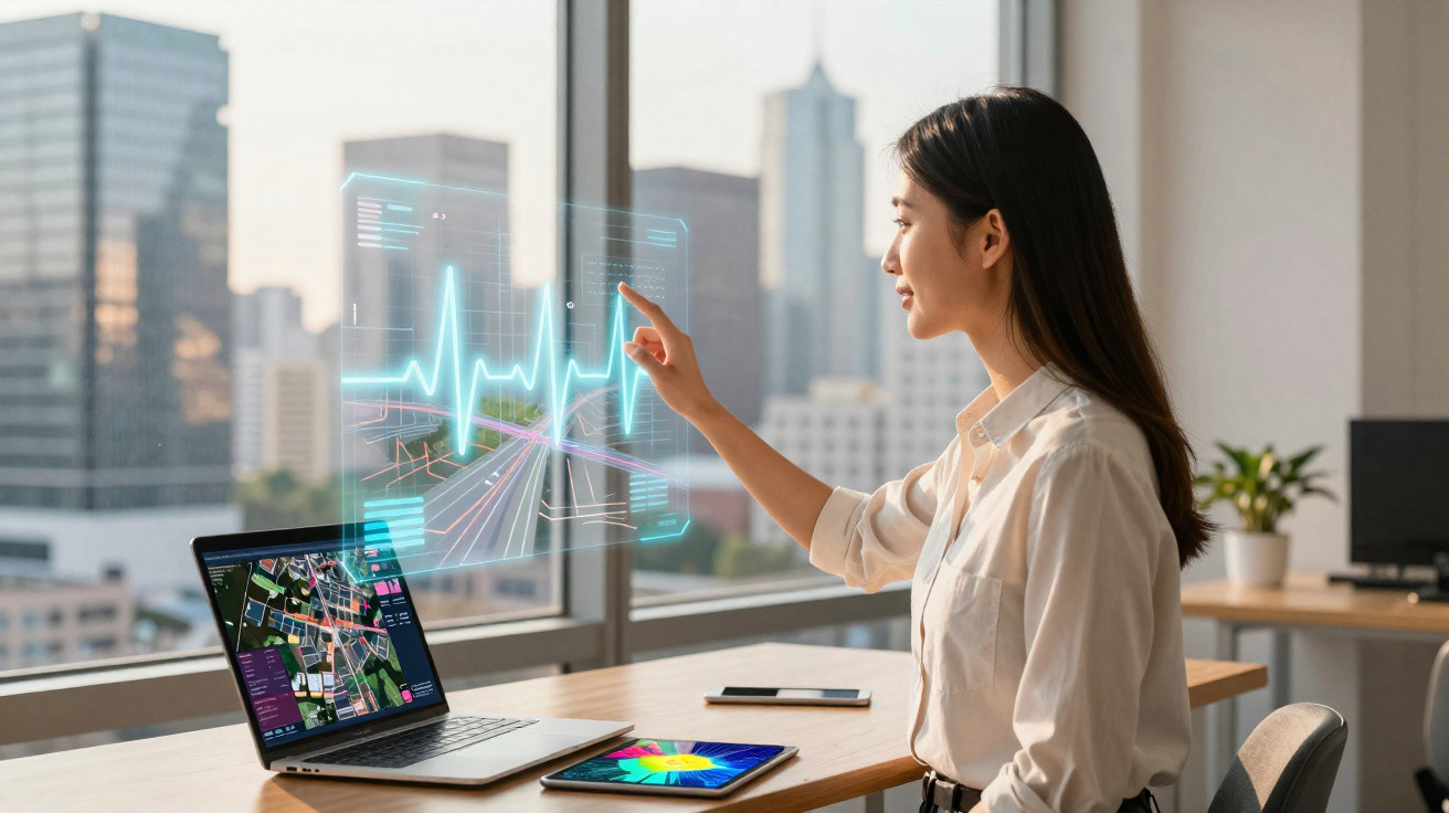 Mulher usa tecnologia holográfica para analisar dados de saúde num escritório com vista urbana.
