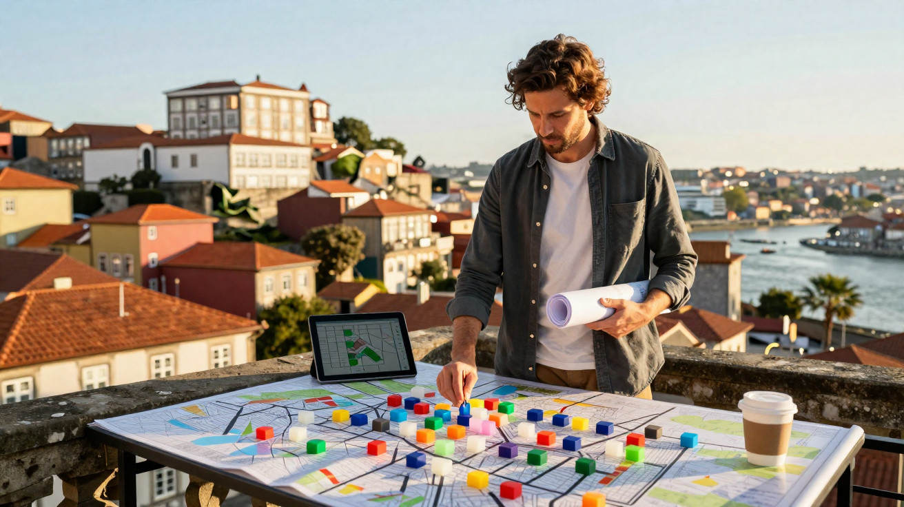Homem a analisar mapa urbano com cubos coloridos numa mesa ao ar livre com vista para cidade e rio.