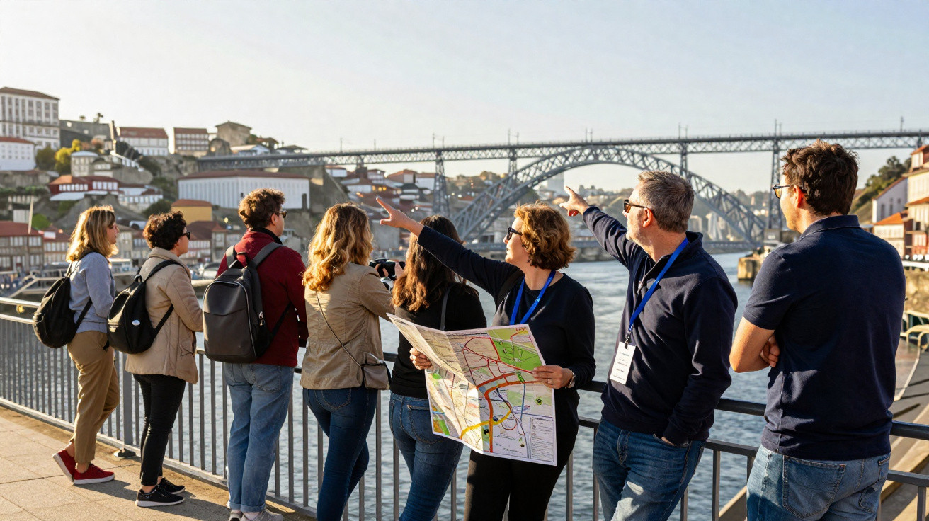 Grupo de turistas à beira do rio Douro em Porto, com mapa e vista da ponte D. Luís I ao fundo.