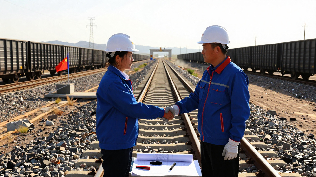 Duas pessoas de capacete e casaco azul apertam as mãos numa linha ferroviária entre dois comboios de carga.