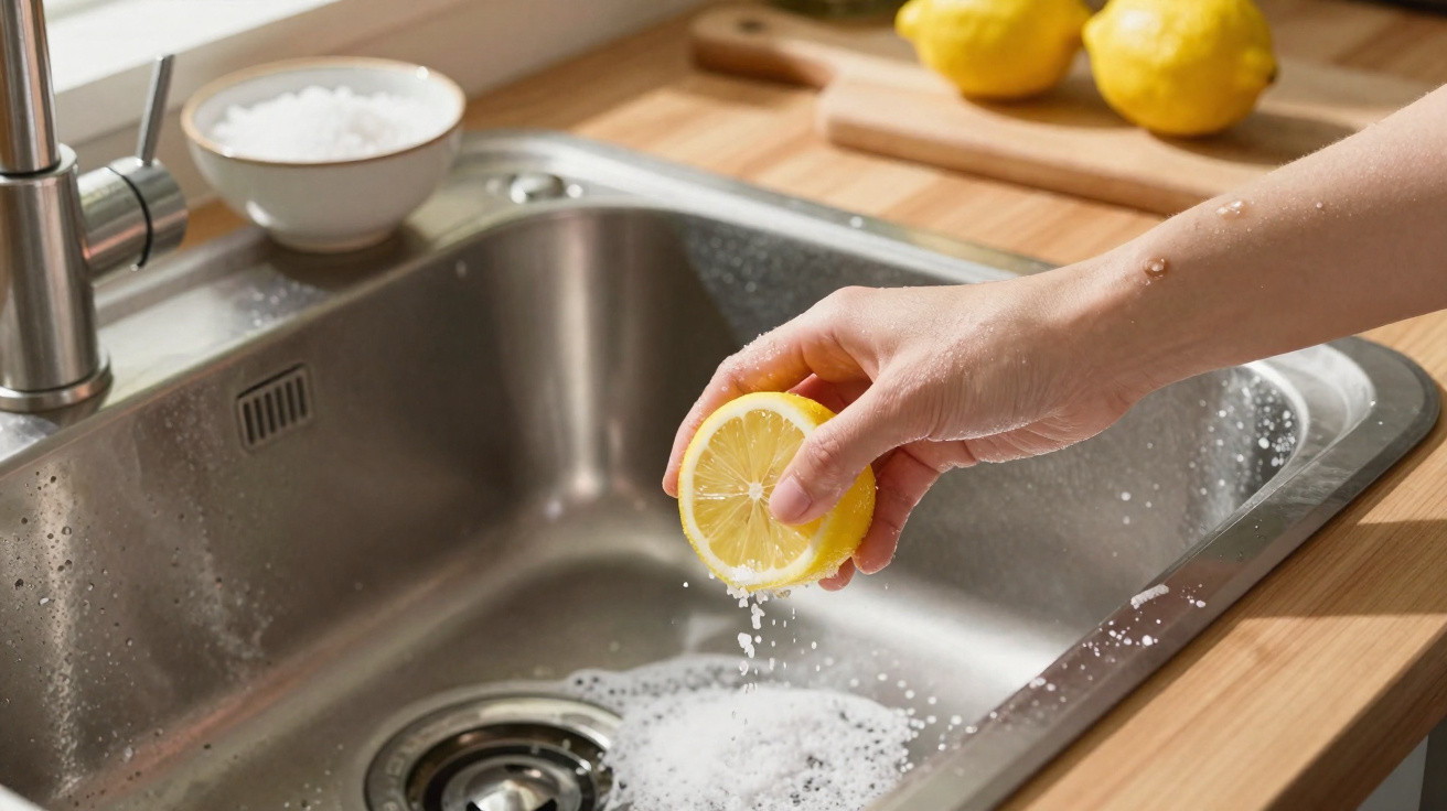 Mão a espremer meio limão sobre sal grosso numa cuba de aço inoxidável na cozinha.
