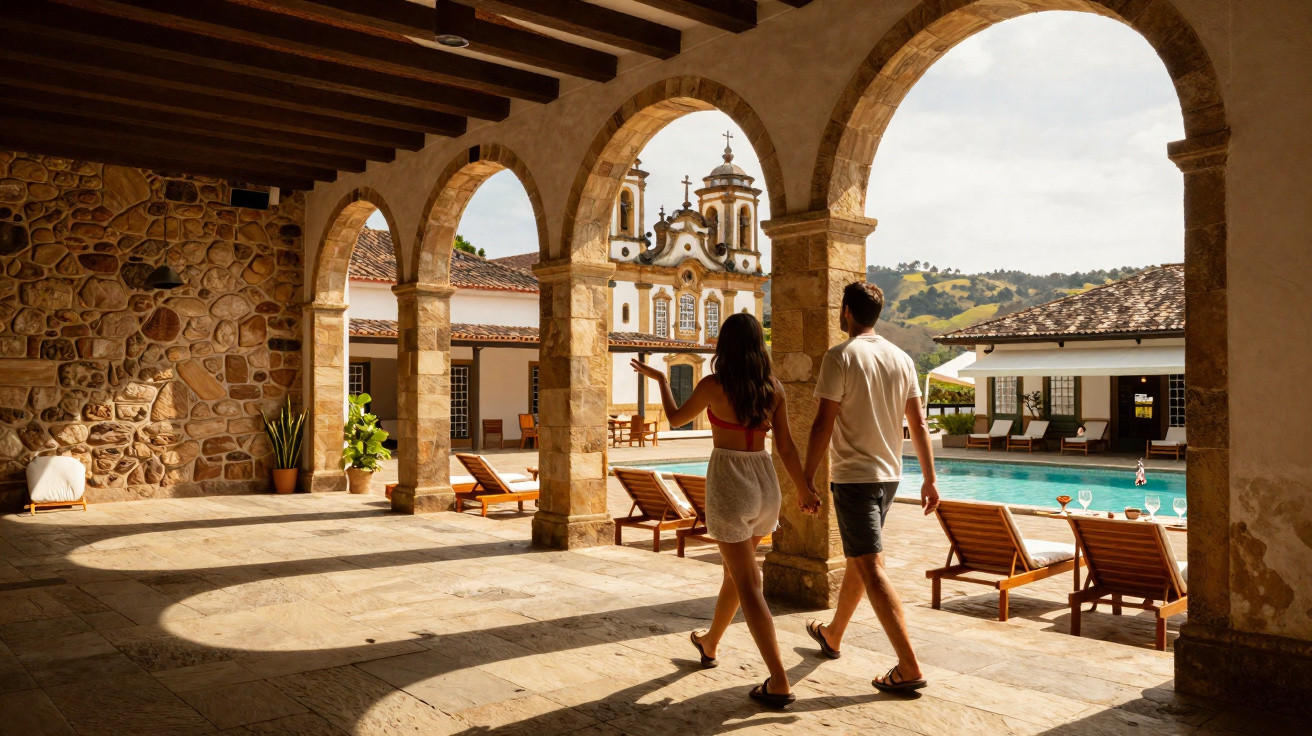 Casal a andar de mãos dadas num pátio com arcos, com piscina e igreja colonial ao fundo.