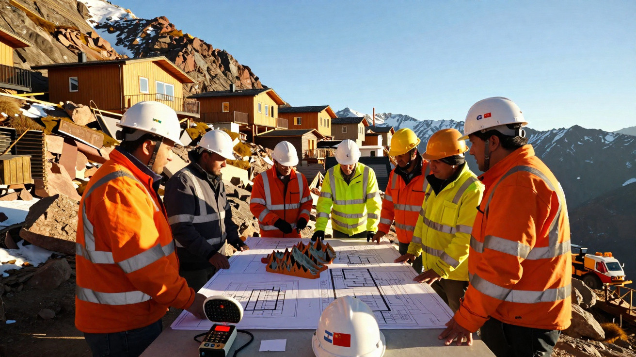 Grupo de trabalhadores de construção com coletes e capacetes a analisar plantas numa obra em zona montanhosa.