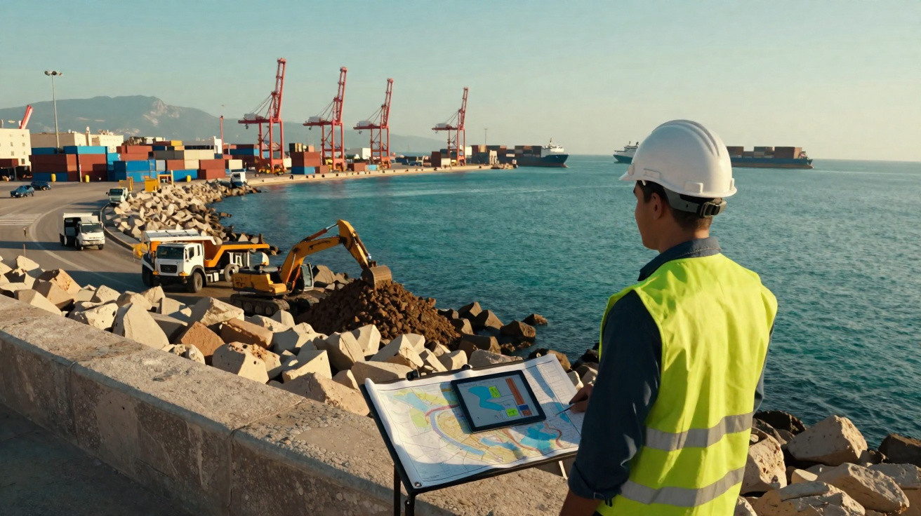 Engenheiro com colete e capacete observa obras e contentores num porto com guindastes e navios ao fundo.