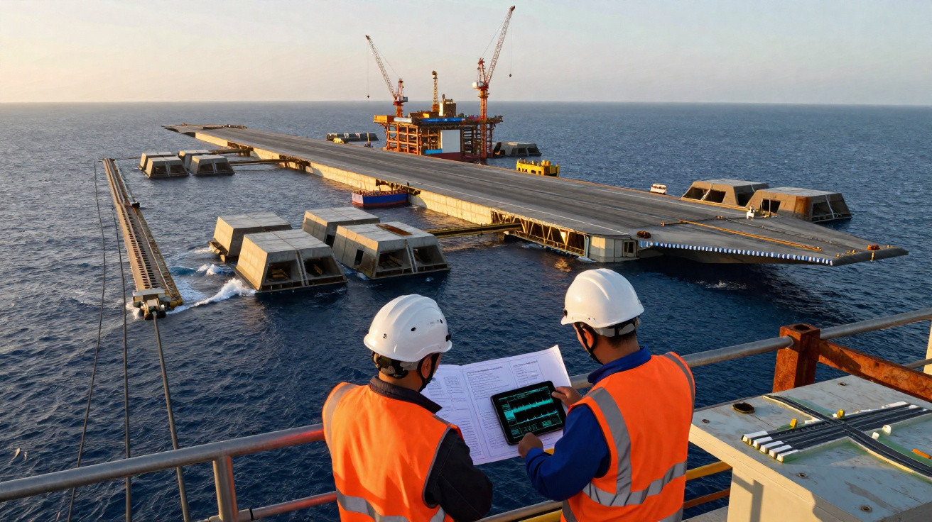 Dois trabalhadores de capacete e colete refletor em plataforma marítima com construção de ponte sobre o oceano.