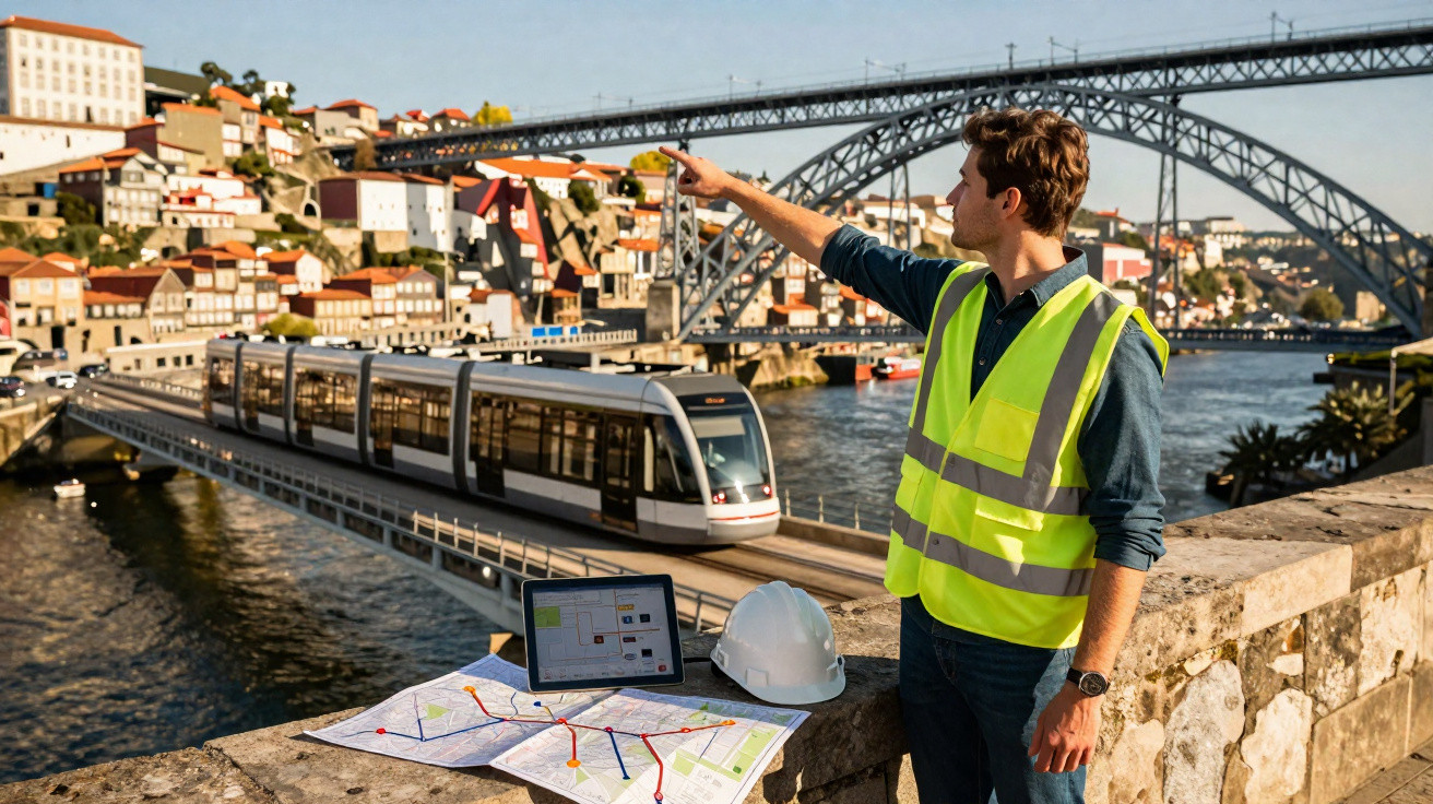 Engenheiro com colete refletor aponta para o comboio urbano perto da ponte D. Luís I, no Porto.