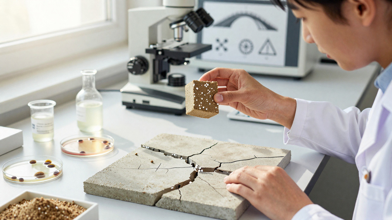 Investigador em laboratório a analisar amostras de solo em placas partidos sobre a mesa branca.