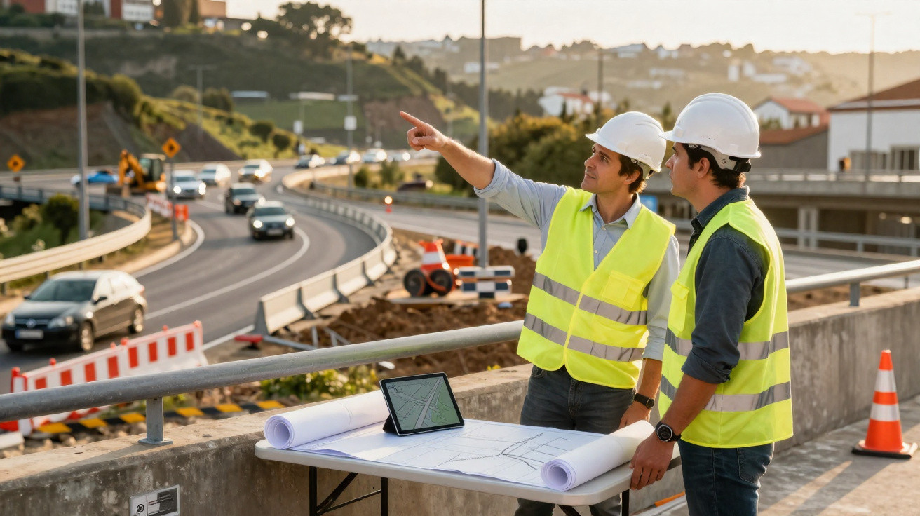 Dois engenheiros com capacete e coletes refletivos analisam projeto numa obra rodoviária em ambiente urbano.