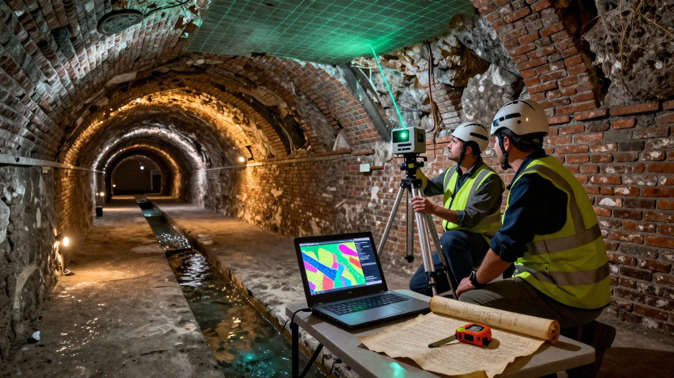 Dois técnicos em coletes e capacetes realizam inspeção com laser num túnel subterrâneo de pedras e tijolos.