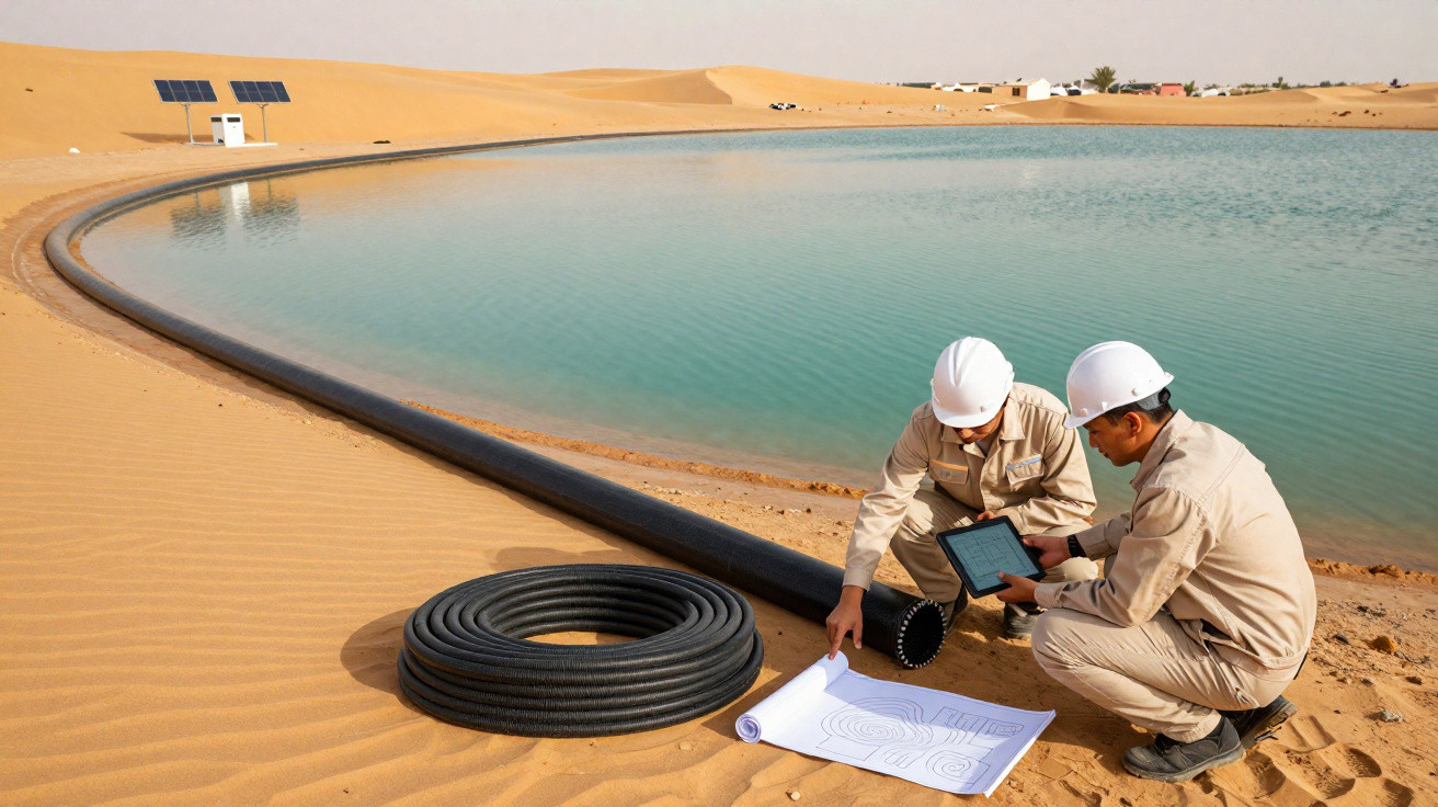 Dois engenheiros em chapéus de segurança analisam plantas junto a um lago artificial no deserto.