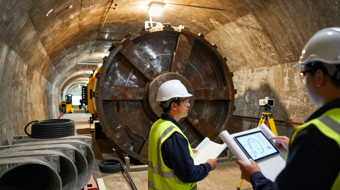 Dois engenheiros com capacetes e coletes analisam planos dentro de túnel com maquinaria pesada.