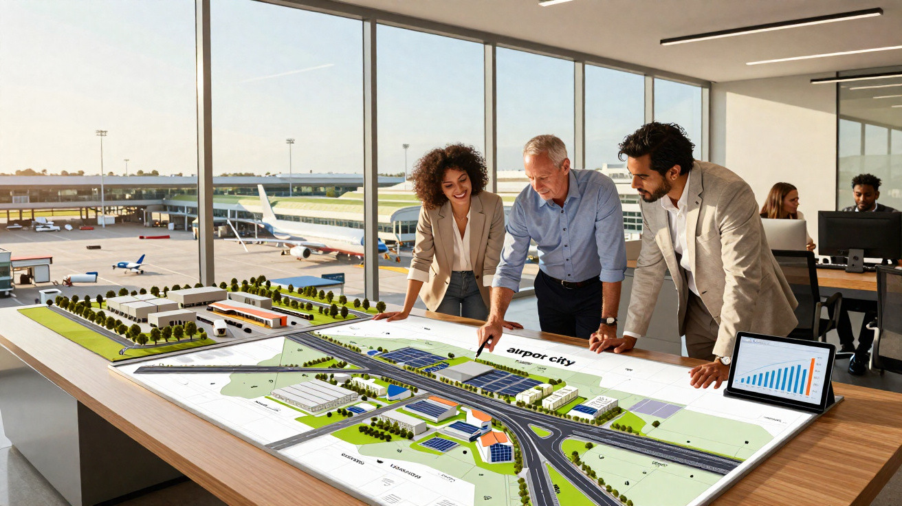 Três pessoas a analisar maquete de projeto urbano com aeroporto numa sala com vista para aviões no aeroporto.