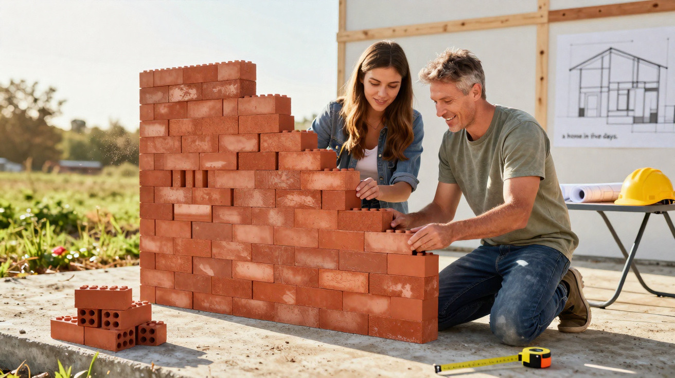 Casal jovem a construir uma parede de tijolos num canteiro de obras ao ar livre com planos de construção ao fundo.