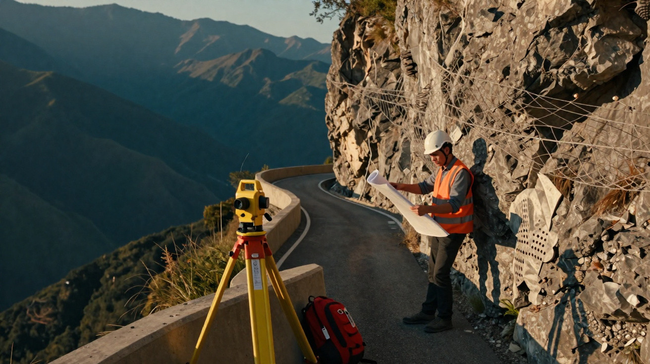 Engenheiro com capacete e colete reflete junto a estrada estreita e equipamento de topografia nas montanhas.