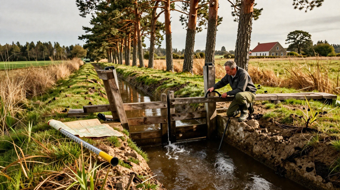 Homem regula comporta de madeira num canal rodeado de árvores e campo com casa ao fundo.