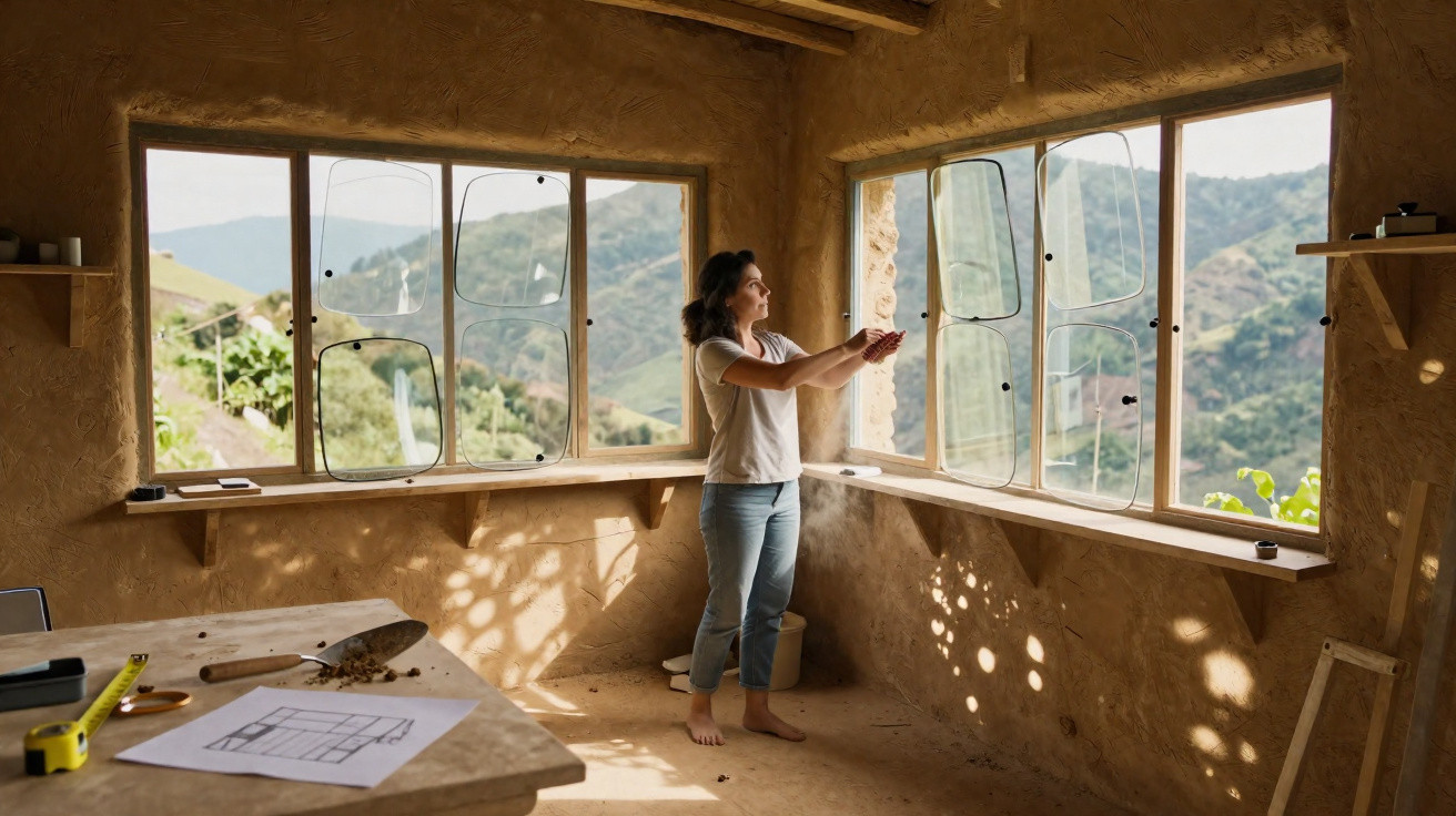 Mulher a instalar janelas de vidro numa casa de terra com vista para montanhas verdes.