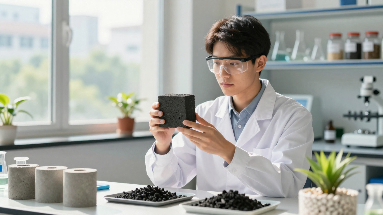 Cientista com bata branca e óculos de proteção examina bloco de material poroso num laboratório.