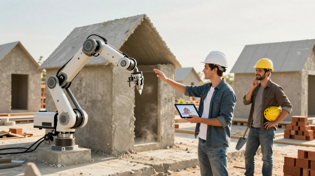 Robô construtor em obra molda parede de casa com engenheiro a controlar em tablet e operário ao lado.