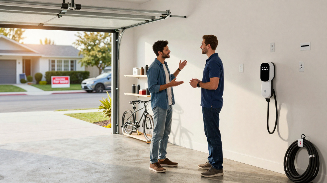 Dois homens conversam numa garagem com carregador de carro elétrico instalado na parede.