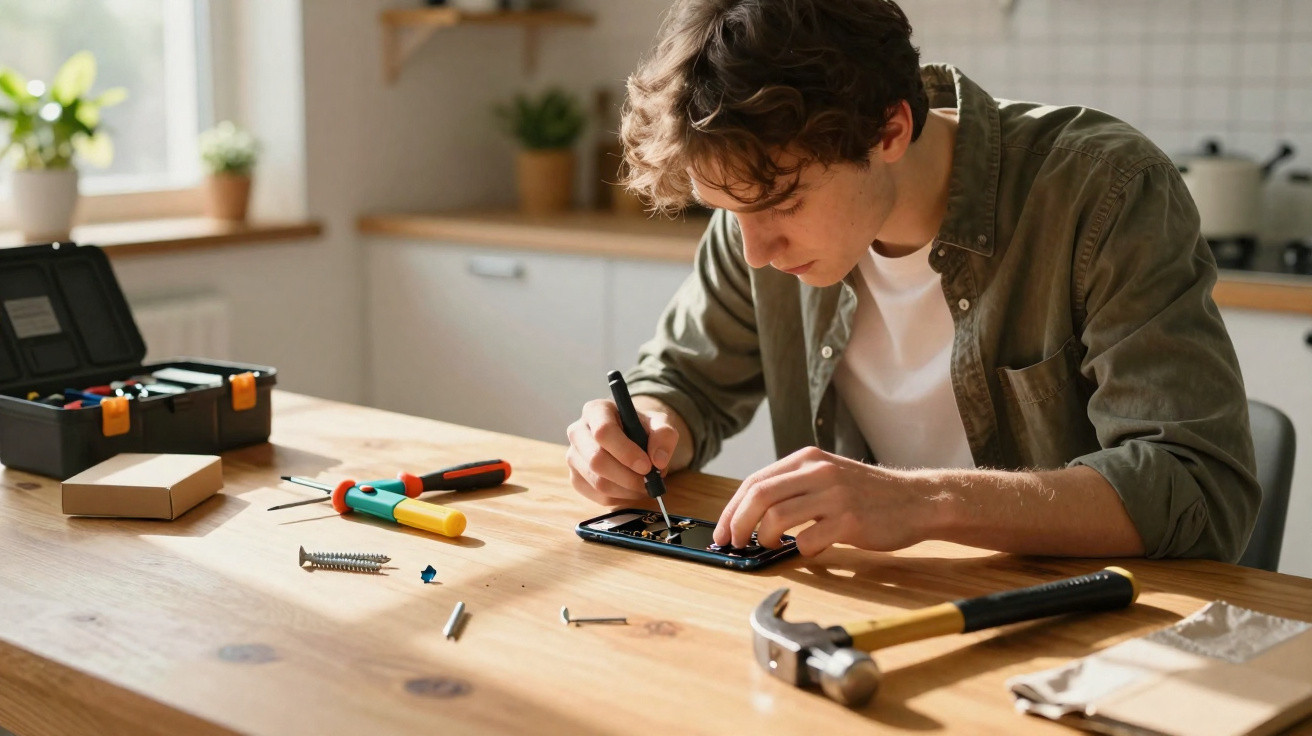 Homem jovem a reparar um smartphone numa mesa com ferramentas e parafusos espalhados.