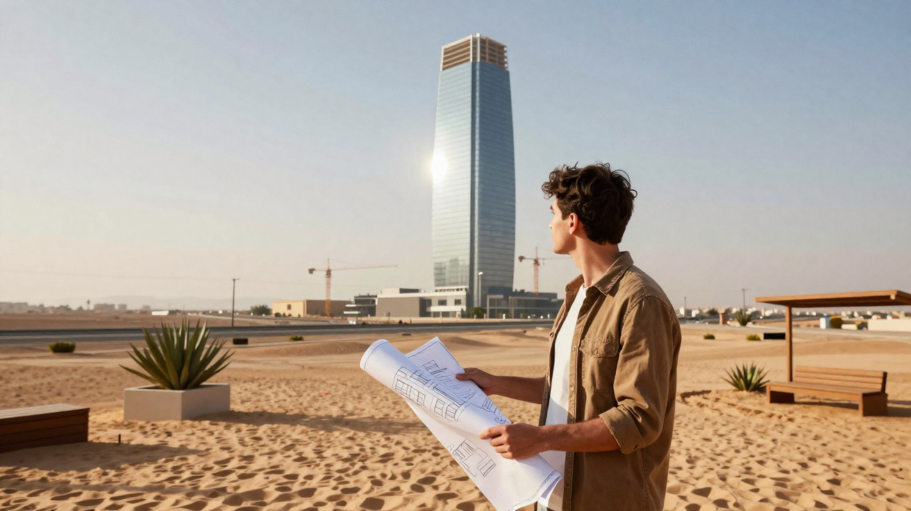 Homem com planta arquitectónica na mão observa arranha-céus num ambiente desértico ao pôr do sol.