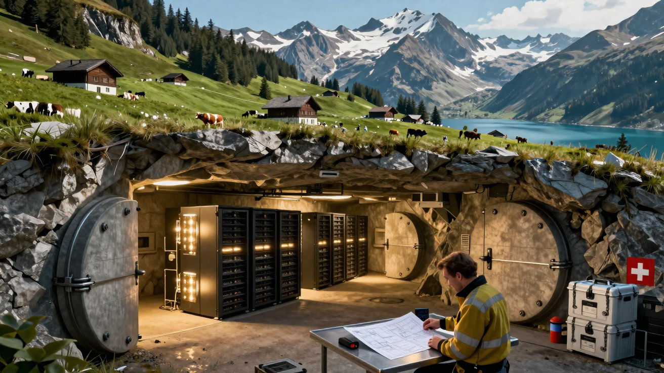 Entrada subterrânea de centro de dados em caverna com servidor, homem a trabalhar e paisagem montanhosa e lago ao fundo.