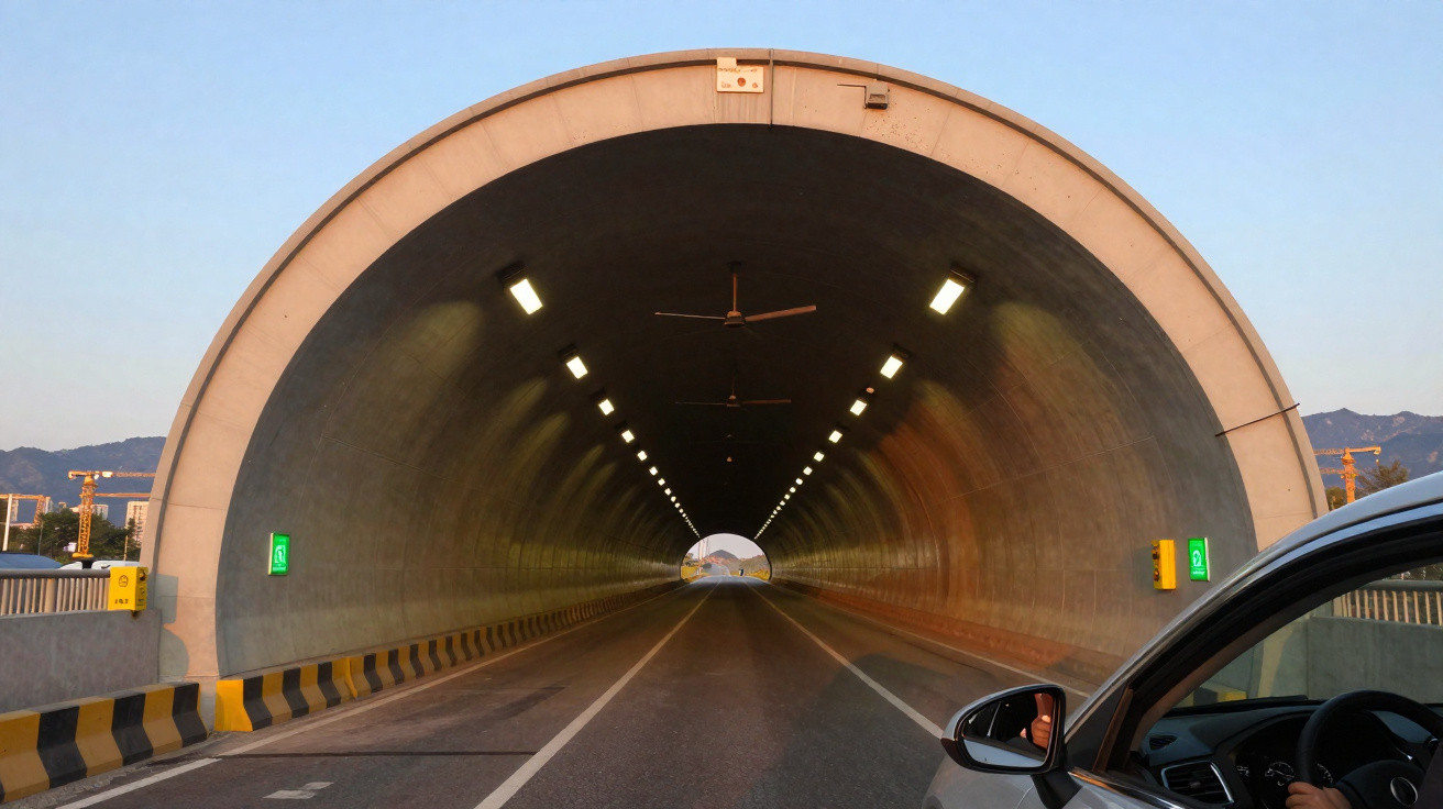 Entrada de túnel iluminado com um carro preto à direita num dia claro.