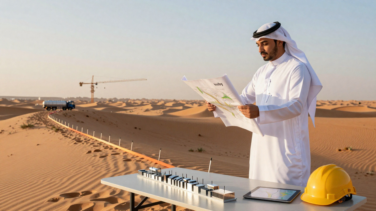 Engenheiro árabe em túnica tradicional analisa planta junto a maquete de construção no deserto.
