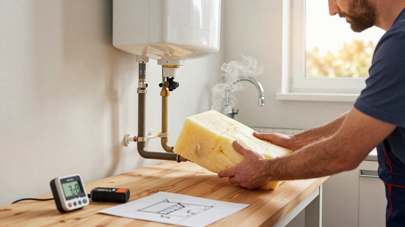 Homem a trabalhar com isolamento térmico junto a um esquentador instalado numa bancada de cozinha.