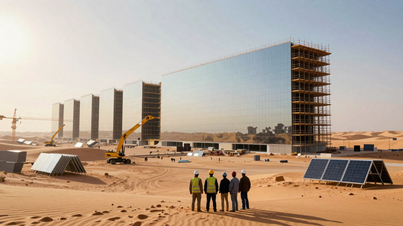 Quatro pessoas de capacete e colete observam construção de edifícios espelhados no deserto com painéis solares e maquinaria.