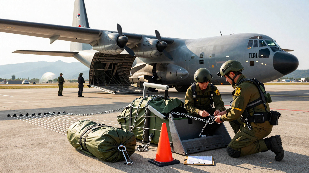 Dois militares preparam equipamento de paraquedismo junto a avião militar com porta traseira aberta numa pista.