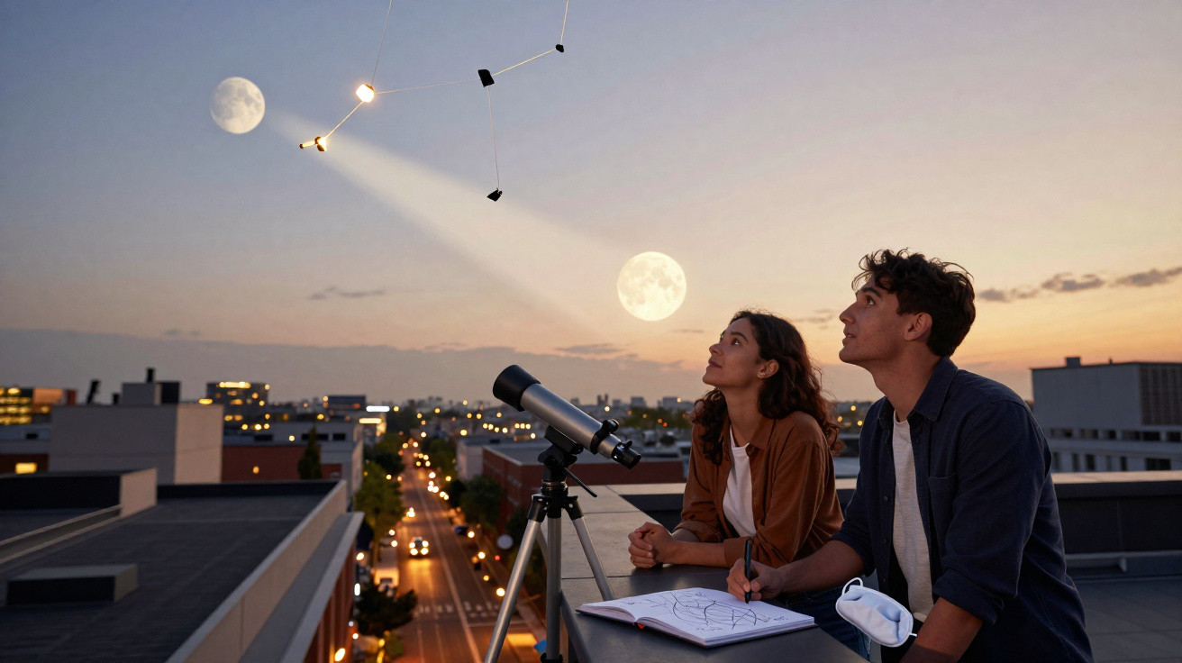 Dois jovens observam a lua ao entardecer numa varanda com um telescópio e desenhos de constelações.