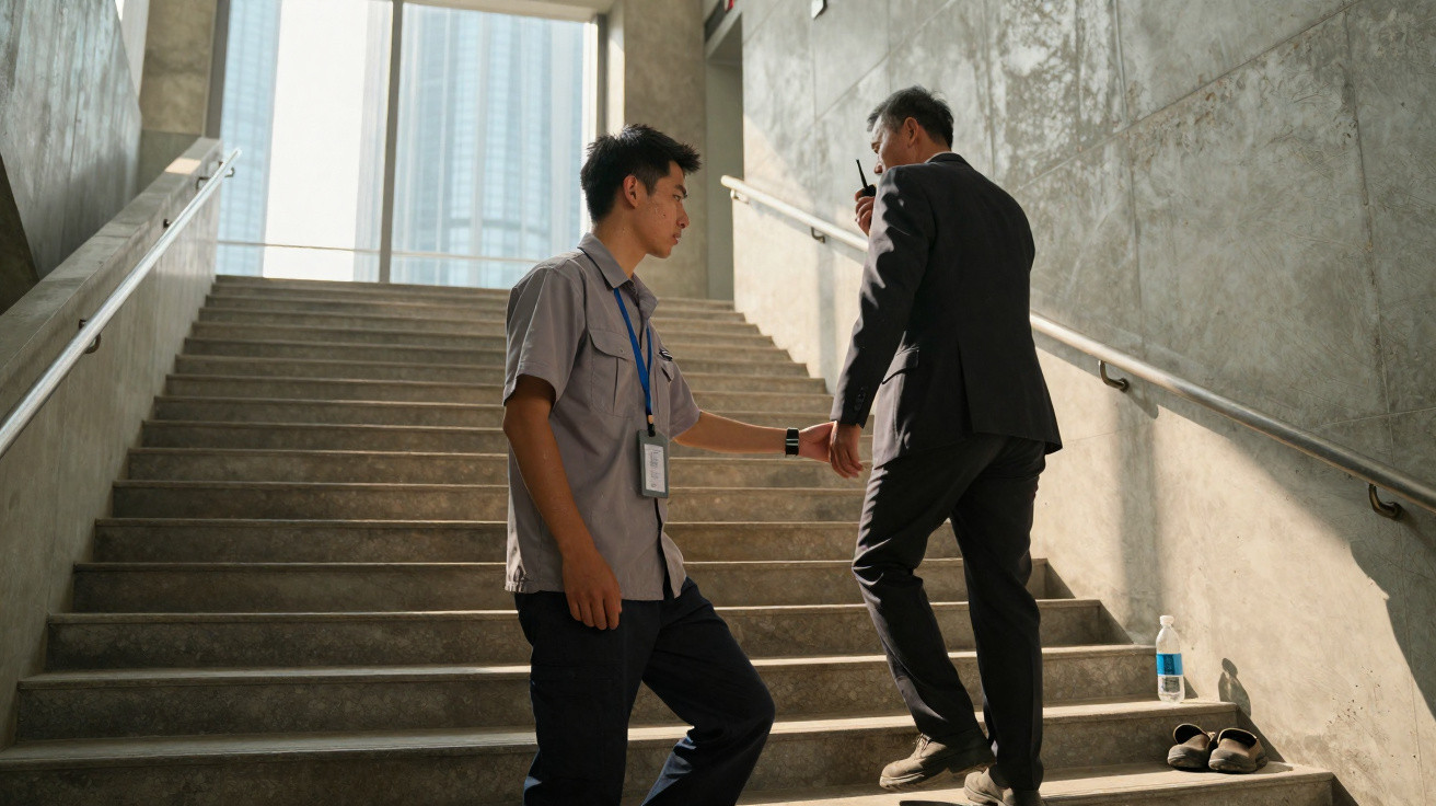 Dois homens em escadas de edifício moderno, um de uniforme e outro de fato, com urbanizações ao fundo.