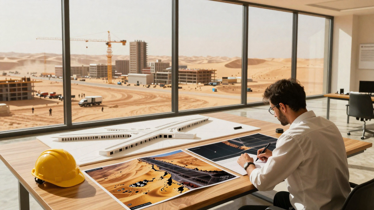 Homem a trabalhar em projeto de construção com vista para estaleiro no deserto através de grandes janelas.