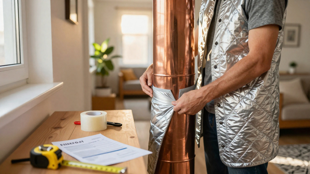 Pessoa a aplicar isolamento térmico em tubo de cobre dentro de casa, com fita adesiva e ferramentas ao lado.