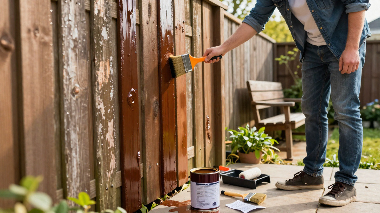 Pessoa a pintar uma cerca de madeira com verniz castanho num jardim ensolarado.