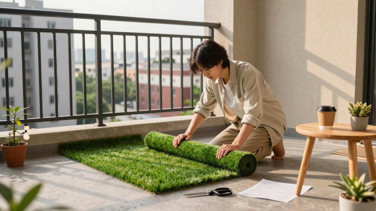 Pessoa a desenrolar relva artificial num terraço com plantas, mesa e cadeira.
