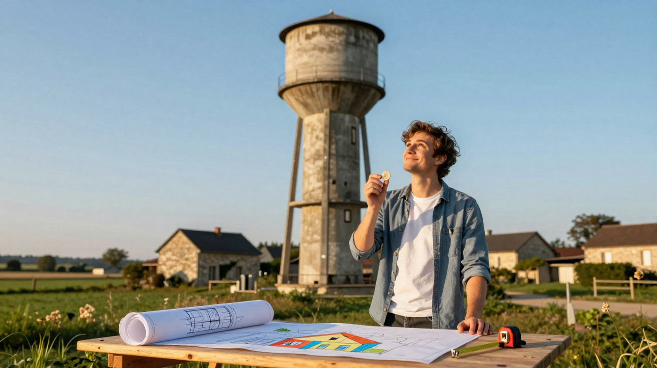 Homem jovem a trabalhar em projeto de arquitetura ao ar livre com torre de água e casas ao fundo.