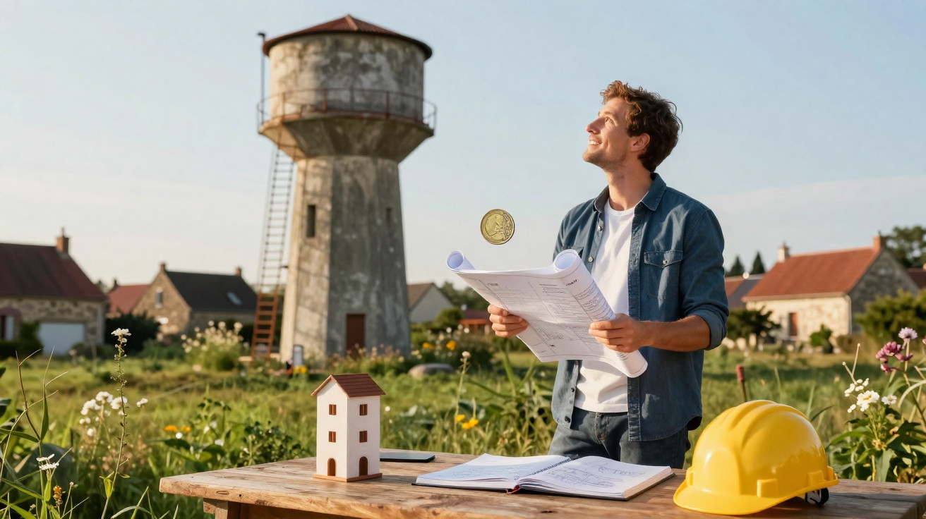 Homem com planta de construção junto a modelo de casa e capacete amarelo em campo com moinhos antigos.