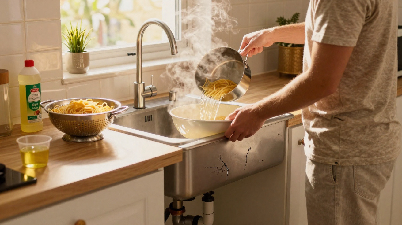 Pessoa a escorrer esparguete numa pia de cozinha luminosa com vapor a subir.