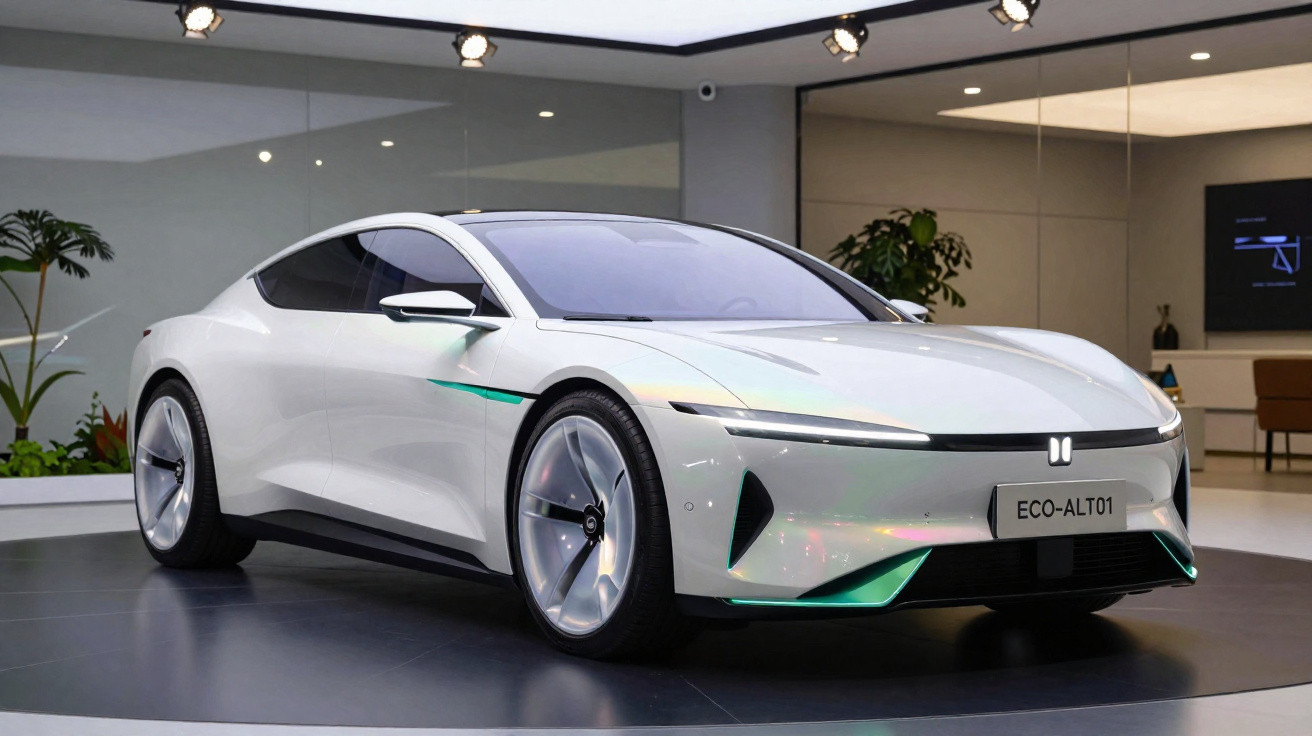 Carro elétrico branco com design moderno exposto em showroom minimalista e iluminação focada.