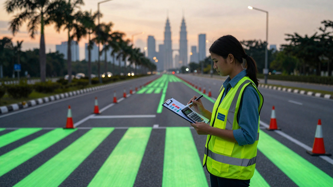 Mulher com colete refletor a analisar dados numa estrada com faixas verdes e cones laranja ao pôr do sol.